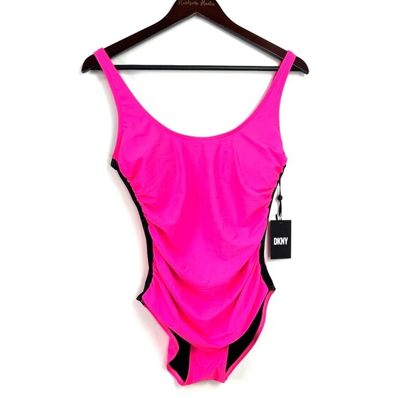 New DKNY One Piece Womens Sz 8 Hot Pink Swimsuit Beach Vacation Resort Rusching - Picture 4 of 10
